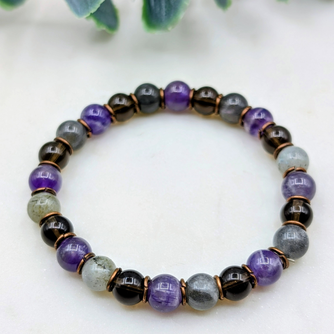 edelsteen armband  van amethist, labradoriet en rookkwarts